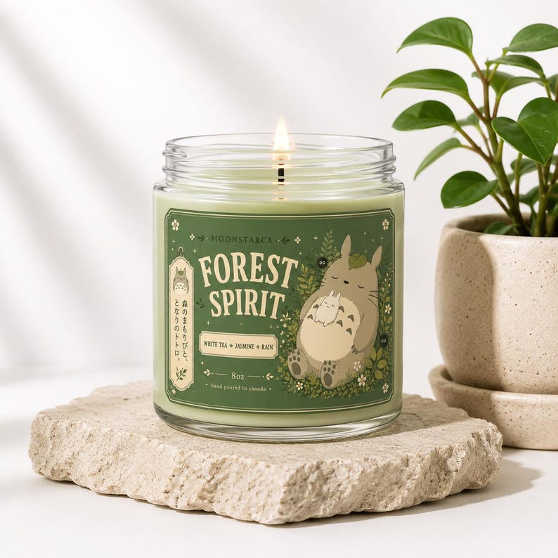 Handmade totoro anime inspired candle with white tea jasmine rain scent