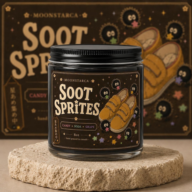 Soot Sprites soy candle with cute black sprite artwork and brown label