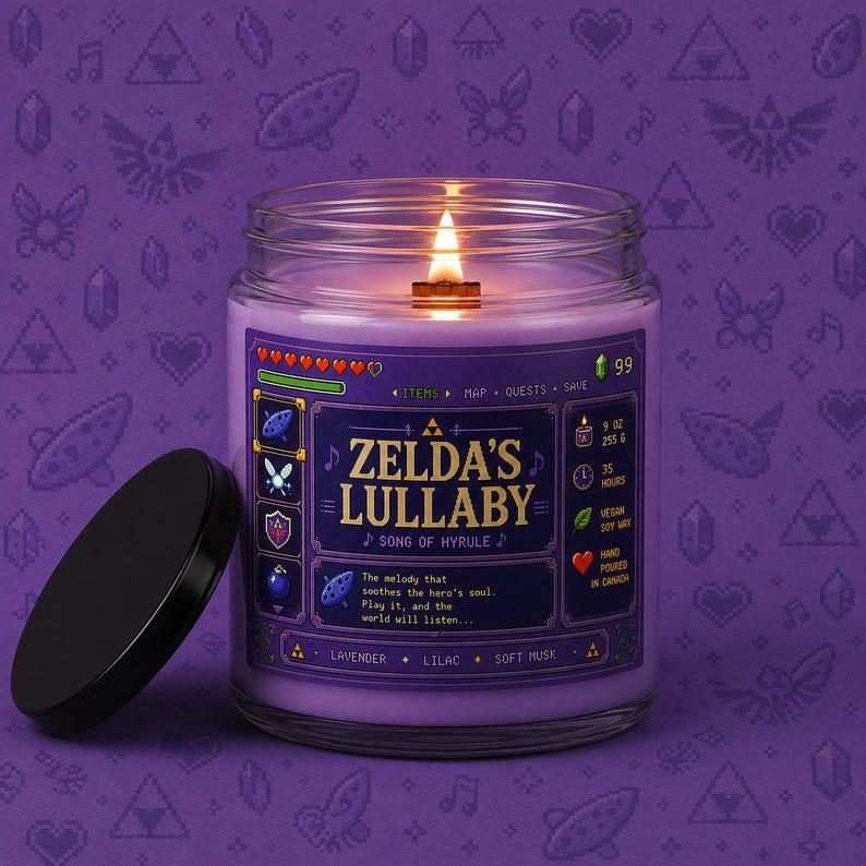 Purple fantasy-inspired candle in a clear glass jar with a retro pixel game style label reading Zelda’s Lullaby. Features glowing wood wick flame, lavender wax, black lid beside the candle, and cozy purple pixel background.