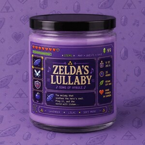 Purple fantasy-inspired candle in a clear glass jar with a retro pixel game style label reading Zelda’s Lullaby. Features glowing wood wick flame, lavender wax, black lid beside the candle, and cozy purple pixel background.