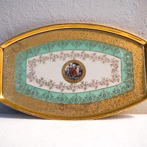 Antique art deco le meux 24k gold encrusted serving or decorative tray french hand painted porcelain