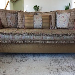 Vintage reversible down filled french country sofa with a bench seat cushion