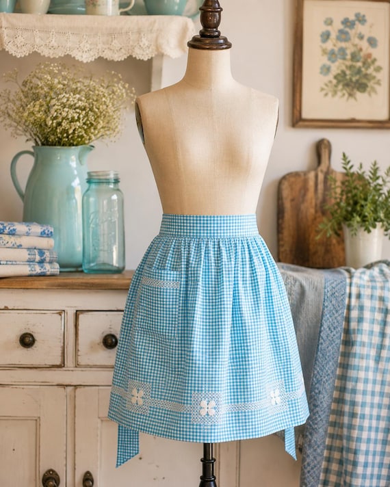 Vintage Aqua Gingham Half Apron Handmade Hand Stitched Farmhouse Kitchen Apron Cottagecore Retro Hostess Apron