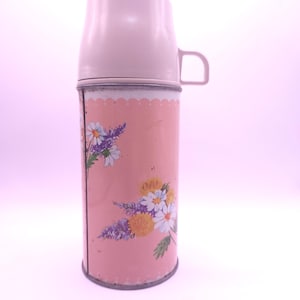 Vintage Thermos, Drinkware, Collector Gifts, Metal Lunch Box Thermos, Pink Floral Designs, Insulated Travel Mug, 1960s Kitchen Decor