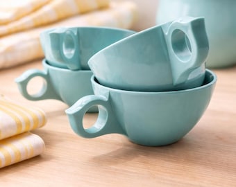 Set of 4 Vintage Turquoise Melmac Coffee Cups, MCM Plastic Mugs, Mid Century Kitchen