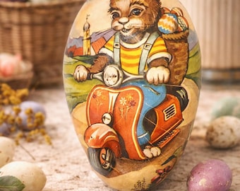 Vintage German Paper Mache Easter Egg – Bunny Scooter Candy Container (Western Germany)