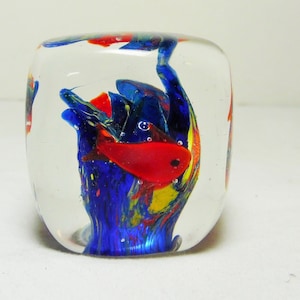 Art Glass Paperweight glass fish Square glass paperweight with orange fish and blue yellow and orange colorful glass Office gift fisherman