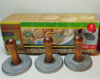 set of 3 metal Christmas Cookie stamps Nordicware Cookie press Metal with wood handles Vintage Nordicware Vintage Cookie stamps Made in USA
