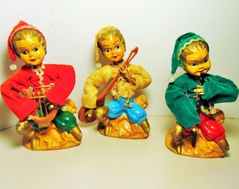 Vintage Tilso elves Vintage pixies Playing instruments Vintage Elves Playing Instruments Harp Flute Banjo 1950s Pixies 1950s elves