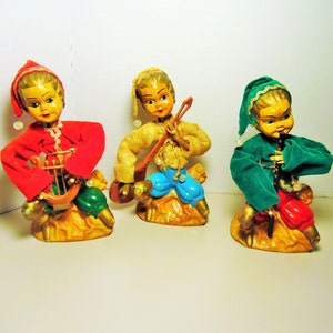 Vintage Tilso elves Vintage pixies Playing instruments Vintage Elves Playing Instruments Harp Flute Banjo 1950s Pixies 1950s elves
