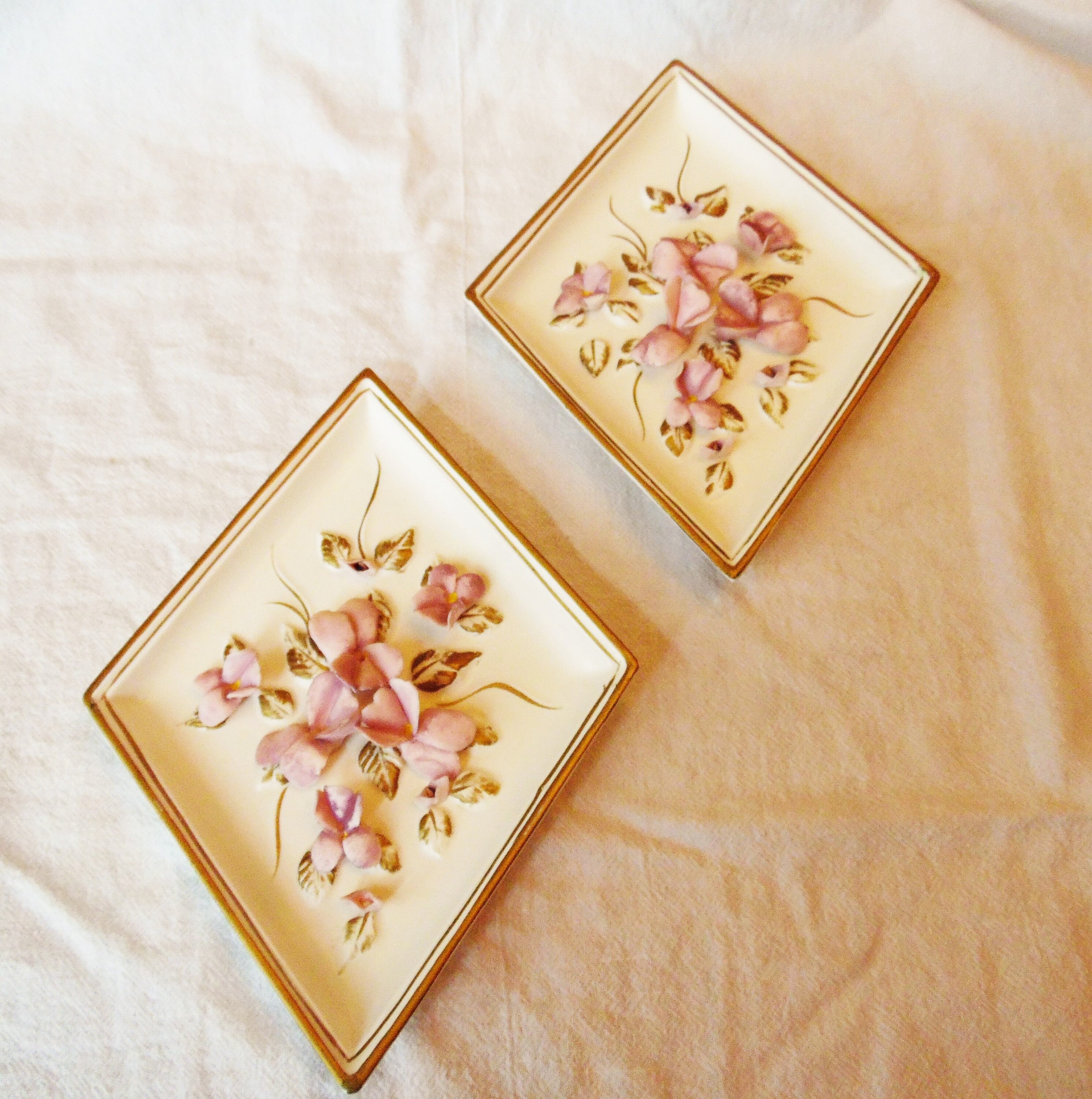 3D Raised Flower Ceramic Plaques Wall hanging with gold trim Etsy