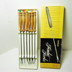 Vintage Fondue Forks in original box Colorful fondue Forks Wooden handle fondue forks Stainless steel Fondue forks Set