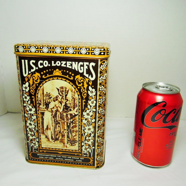 American Licorice co Tin Container Vintage US Co Lozenges tin Replica Harrys Grocery tin Made in England Vintage tin container hinged lid