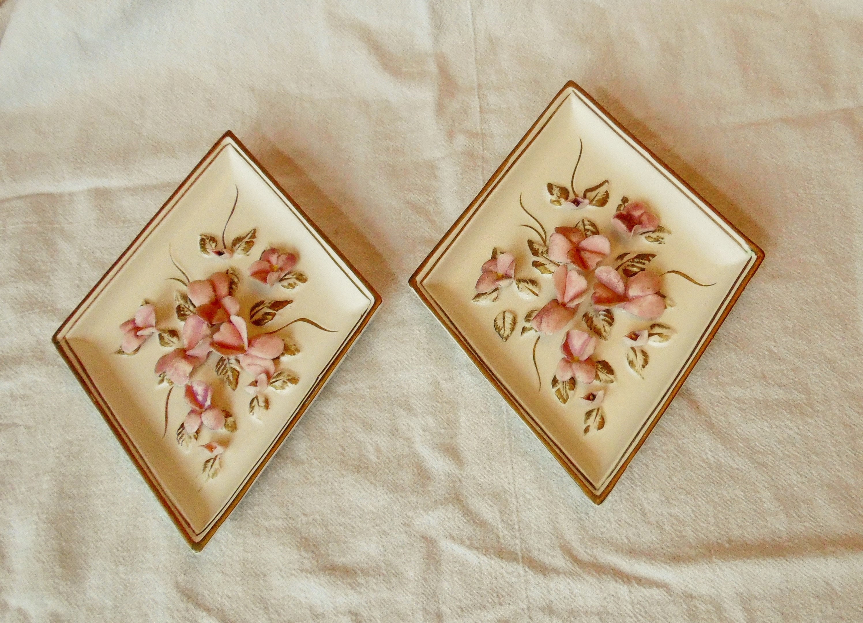3D Raised Flower Ceramic Plaques Wall hanging with gold trim Etsy