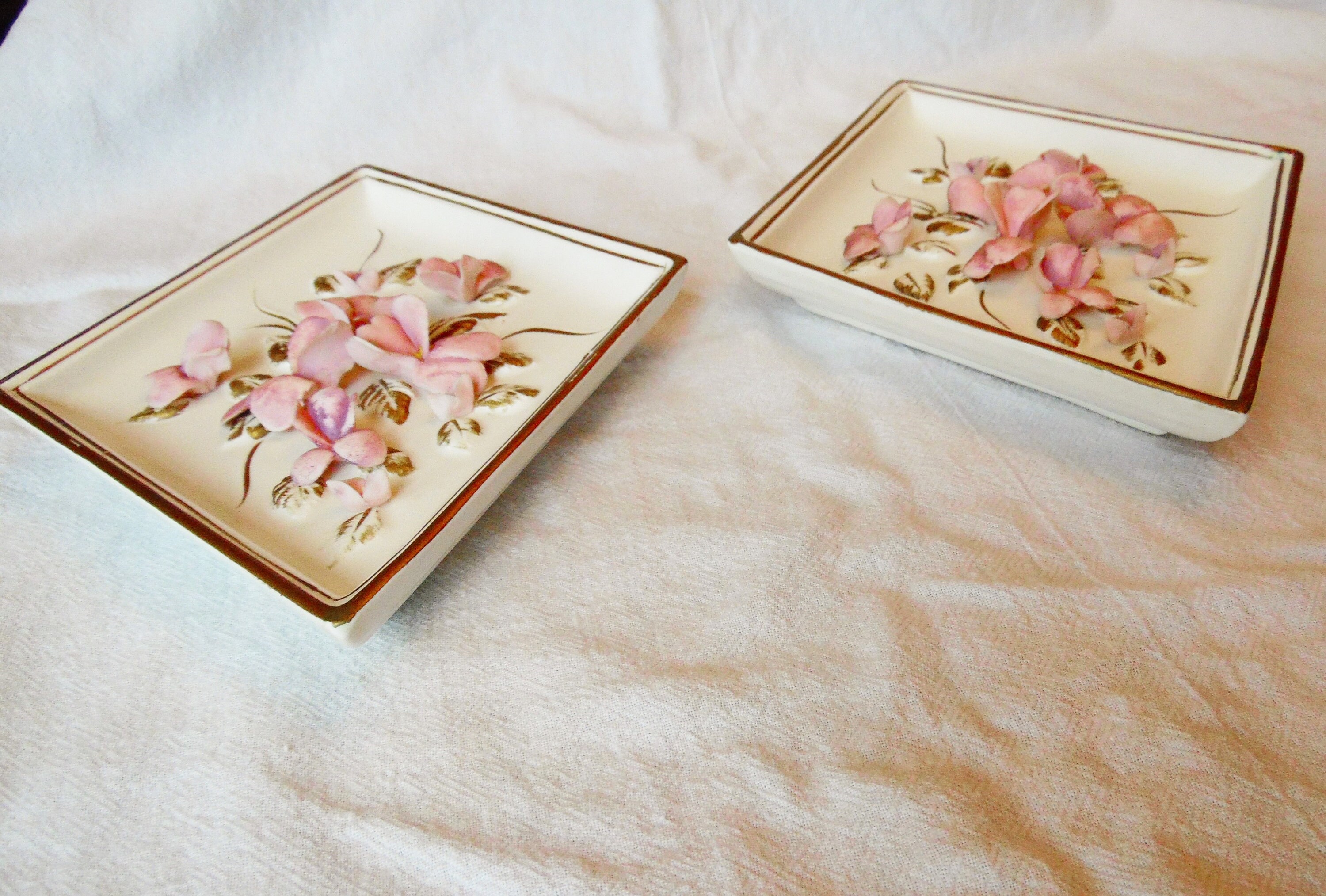 3D Raised Flower Ceramic Plaques Wall hanging with gold trim Etsy