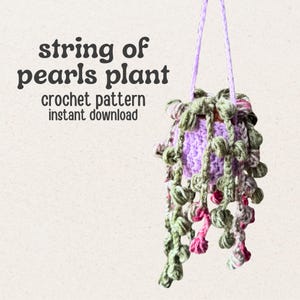 May include: A crocheted hanging plant pot with a string of pearls plant design. The pot is lavender, and the plant has green and pink accents. The text "string of pearls plant crochet pattern instant download" is displayed.