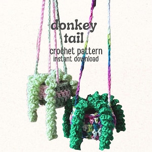 May include: Two crocheted hanging planters featuring donkey tail succulent designs. One planter is light green with pink accents, the other is dark green with multicolored yarn. Text reads: donkey tail crochet pattern instant download.