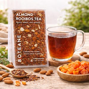 Mandel Rooibos Tee, nussig süße koffeinfreie Kräutermischung, Papaya Loseblatt, gemütliches Dessert, Wellness Geschenk, 15 Tassen