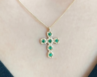 Emerald Cross Necklace in 14K Solid Gold for Women, Emerald Birthstone Cross Pendant, Gold Faith Necklace, Christmas Gift