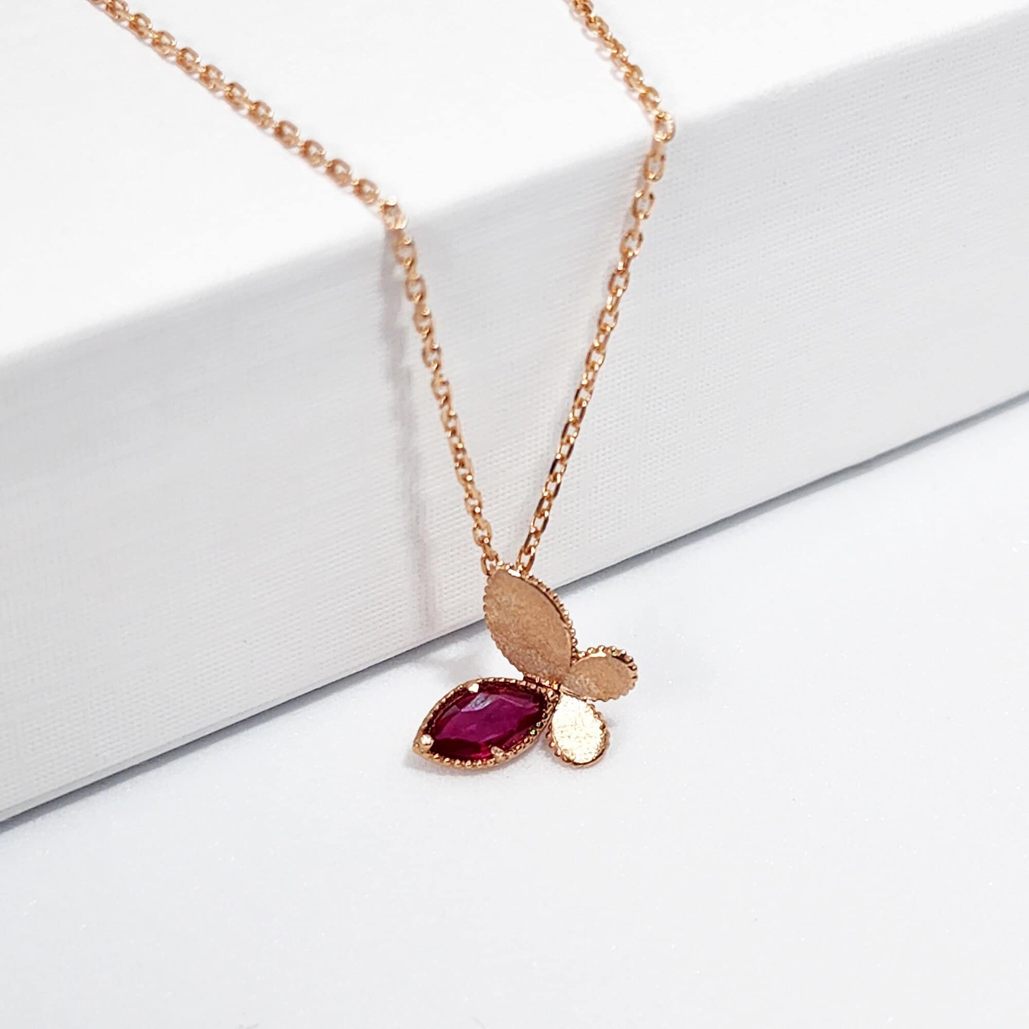 14K Solid Gold Ruby Butterfly Pendant Necklace, Dainty Butterfly ...
