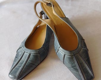 Sandali con tacco vintage Simona in pelle blu, sandali in pelle denim con tacco, scarpe da donna in pelle, taglia UK 5 / US 7