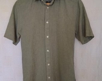 Herren Leinenhemd Only&Sons Vintage, Slim Fit Hemd mit kurzen Ärmeln, Khaki Hemd, Button-Down, Größe XS
