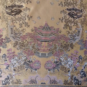 Vintage Cantonese silk tablecloth with tassels. Asian tablecloth with tassels from the 1940s. Children&#39;s dance with dragons