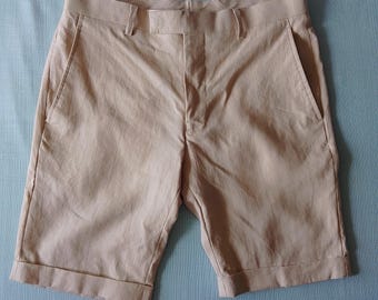 Pantaloncini vintage in lino biologico da uomo, color avorio e beige, taglia 46