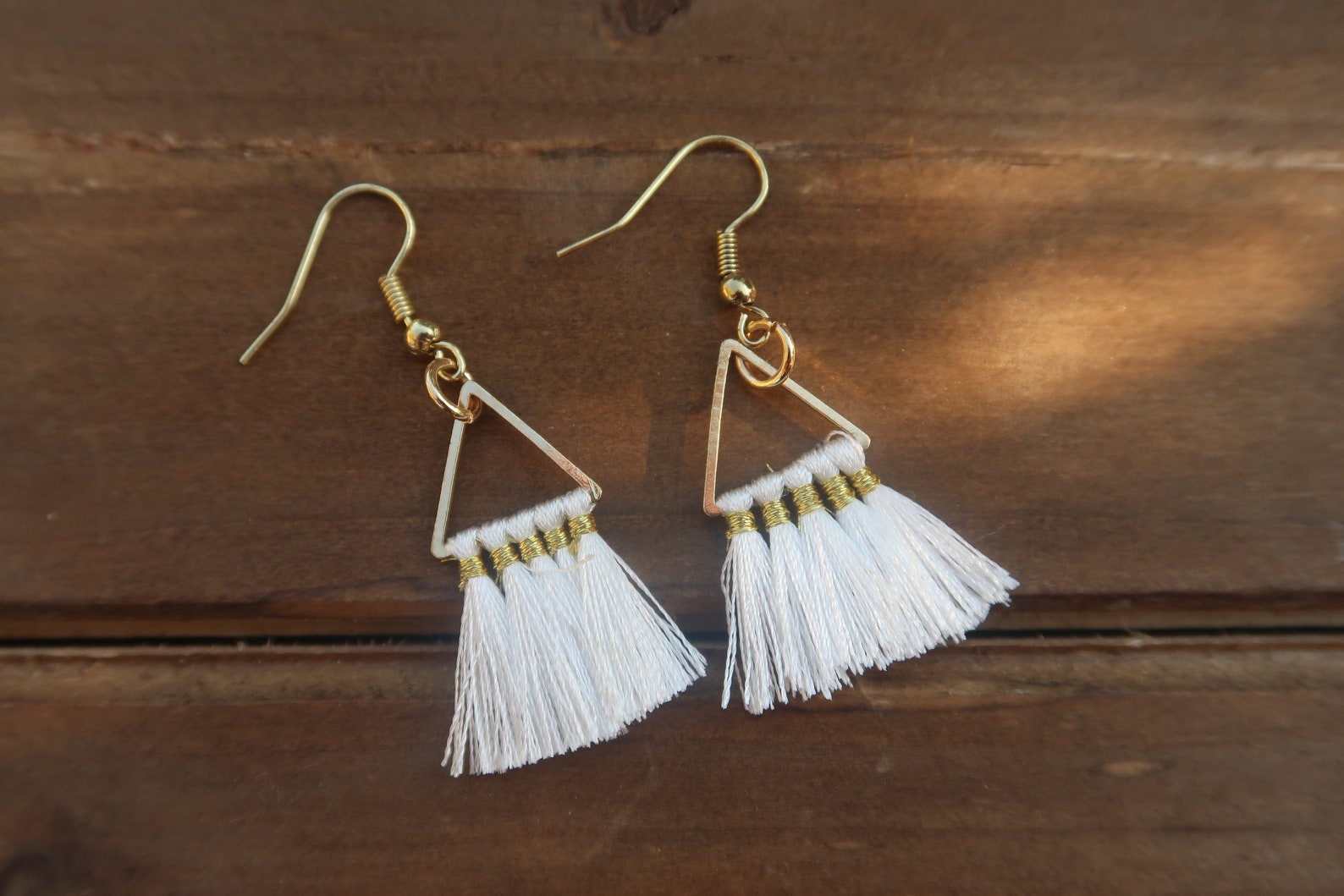 White and Gold Tassel Earrings Gold Etsy