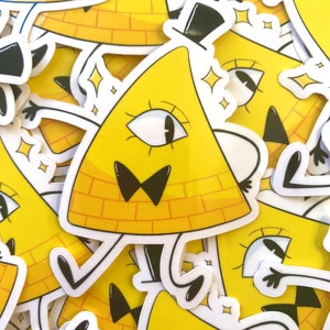 May include: A collection of yellow triangle-shaped stickers with a single eye, a black bow tie, and a white outline. The stickers have a brick pattern and are glossy.