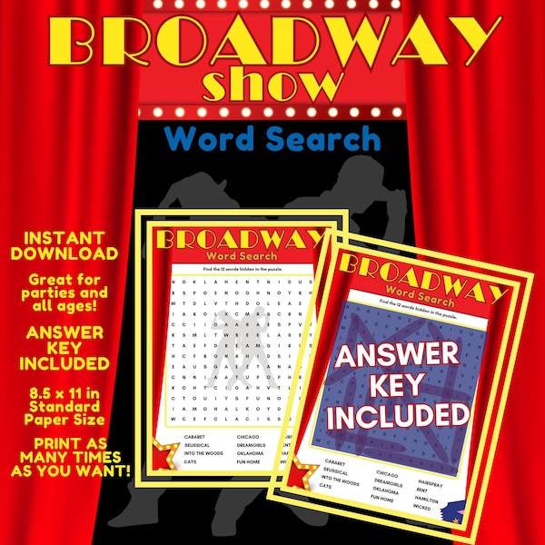Broadway Show Word Search Puzzle - Instant Digital Download, Printable Party Game or Gift for Adults, Kids, and Musical Lovers