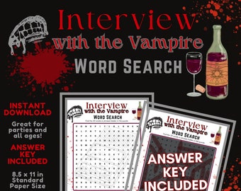 Interview with the Vampire Word Search Puzzle - Instant Digital Download, Printable Party Game, Inspired by the Anne Rice Book/TV Show/Movie