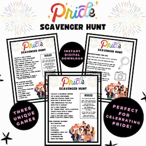 May include: Three printable Pride scavenger hunt game cards with rainbow fireworks in the background. Each card has a list of items to find at a Pride event. The text on the cards reads "Pride Scavenger Hunt" and "Instant Digital Download".