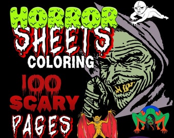 100 Horror Coloring Sheets! Instant Digital Download of the Creepy, Scary, and Grotesque. Print Monsters, Skulls, Dolls, Clowns and more!