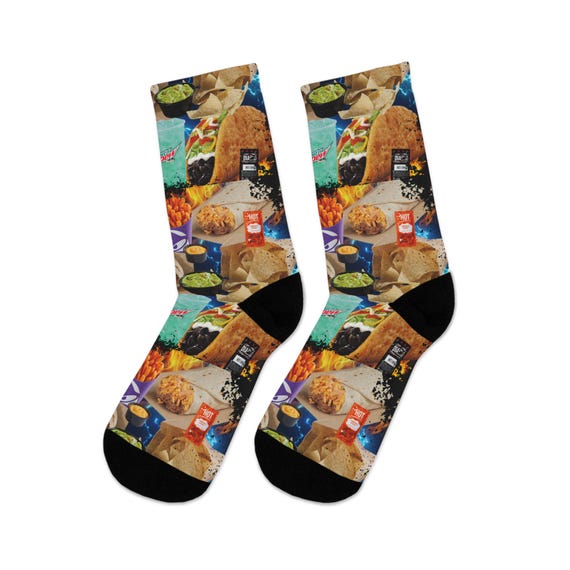 Taco Bell Retro Bootleg Design Recycled Poly Crew Socks- Sustainable Comfort - One Size Fits Most - Great Gift, Bold Fast Food Nostalgia