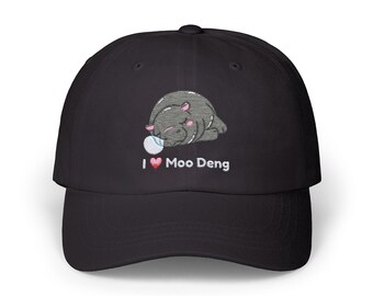 Embroidered I Love Moo Deng Dad Cap w/ Sleeping Pygmy Hippo | Multiple Colors | Stylish & Comfortable Hat with Buckle | Classic Cotton Cap