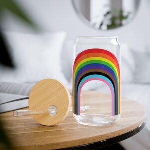 Progress Pride Rainbow Sipper Glass - 16 oz Clear Tumbler with Lid, LGBTQ+ Pride Gift, Colorful Rainbow Design