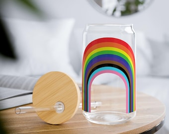 Progress Pride Rainbow Sipper Glass - 16 oz Clear Tumbler with Lid, LGBTQ+ Pride Gift, Colorful Rainbow Design