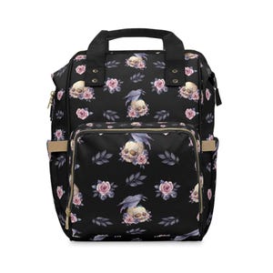 Gothic Multifunctional Diaper Backpack- Raven, Skull, & Pink Rose Design for Cool Goth Moms, Edgar Allan Poe Fans, Alternative New Parents