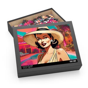 Neon Psychedelic Hollywood 1950s Pinup Pool Puzzle - Dreamy Neon Retro Jigsaw, Glamorous Poolside Puzzle, 120, 252, or 500-Piece Puzzle