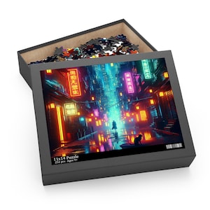 Retro Neon Sci-Fi Cat Puzzle - 120, 252, 500 Piece Jigsaw Puzzle, Futuristic Design, Perfect Gift for Sci-Fi, Blade Runner, and Cat Lovers