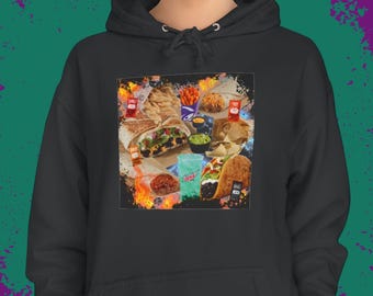 Taco Bell Bootleg Design Retro Hoodie- Flames, Lightning, and Distressed Edges- Funny Parody for Fast Food Fans