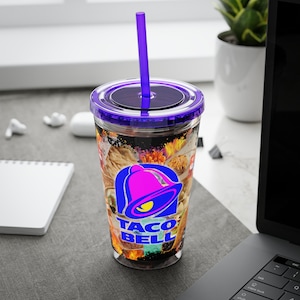 Taco Bell Acrylic Tumbler with Straw- Retro Bootleg Design-  16oz , 11 Colors-  Great for Baja Blast- Durable, Fun Fast Food Nostalgia