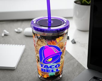 Taco Bell Acrylic Tumbler with Straw- Retro Bootleg Design-  16oz , 11 Colors-  Great for Baja Blast- Durable, Fun Fast Food Nostalgia