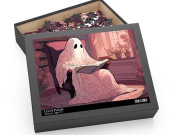 Whimsical Ghost in Floral Sheet Puzzle | Dark Academia Aesthetic | Spooky Library Puzzle 120, 252, 500 Pieces | Cozy Halloween Decor