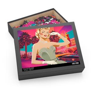 Neon Psychedelic Old Vegas Puzzle | Retro Palm Trees, Classic Cars & Hollywood Starlet | 1950s Glam Jigsaw Puzzle - 120, 252, or 500-Pieces