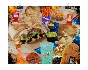 Taco Bell Art Poster - Retro Bootleg Design Print-  Semi-Gloss, or Matte-  Horizontal, Multiple Sizes- Bold Fast Food Nostalgia Home Decor