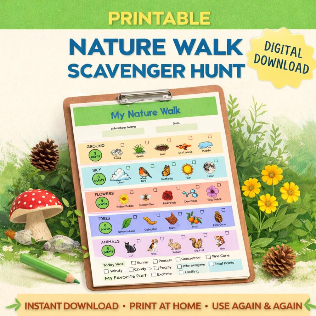Nature Walk Scavenger Hunt Printable for Kids – Outdoor Checklist ...