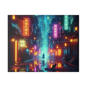 May include: A vibrant digital art print depicting a neon-lit cityscape at night. The artwork features a person in a long coat walking down a wet street, with a cat sitting nearby. The scene is filled with colorful neon signs and reflections.