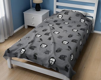 Edgar Allan Poe Iconic Stories Velveteen Plush Blanket- Cozy, Soft, and Warm Gothic Throw Blanket, Perfect for Fans of the Macabre